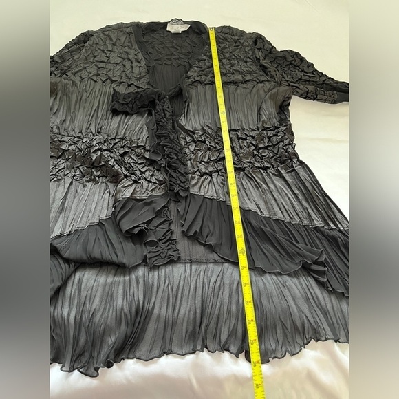 JOSEPH RIBKOFF Sheer Bell Sleeve Tie Front Black Jacket Crinkle High Low Ruffle - Picture 15 of 17